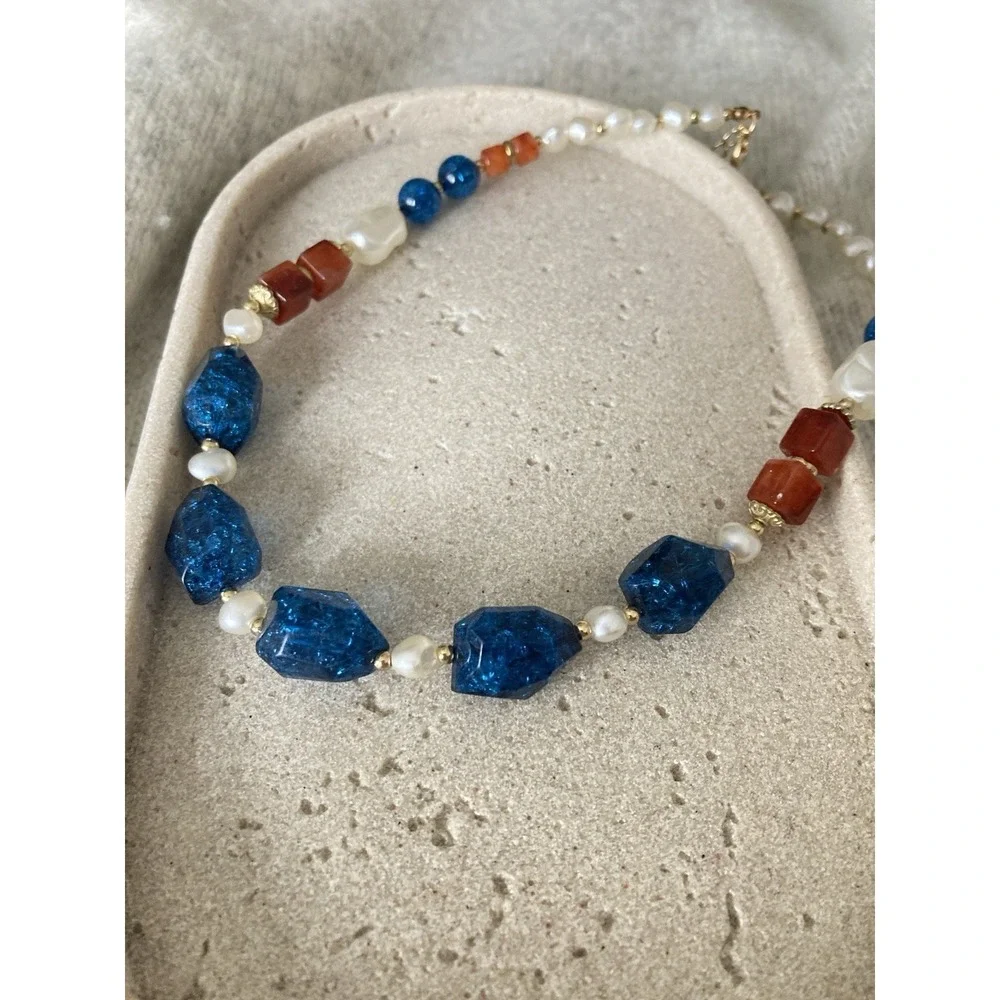 Beggars Beads Collar Necklace Blue Crackle Beads Faux Pearl Beaded Romantic Glam